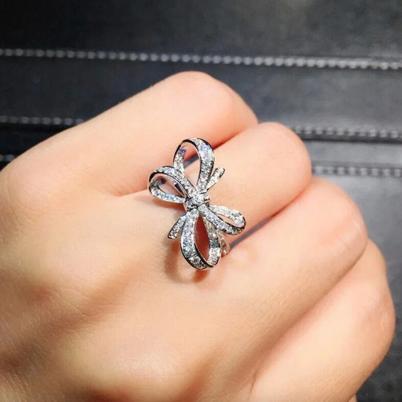 NEW 925 Sterling Silver Diamond Bow Ring Big Statement Ring Ribbon Ring - Picture 3 of 3
